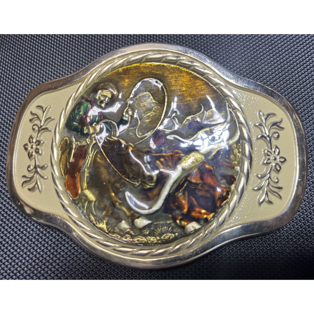 MBCI Belt Buckle Mens Gold Tone Western Cowboy Rodeo Roping‎ Longhorn Enamel
